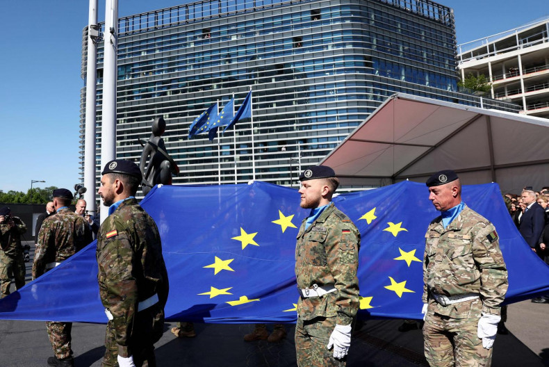 Eurocorps soldiers carry a European Union flag during the commemoration of the 80th anniversary of the end of World War II in Europe, as part of a plenary session at the European Parliament in Strasbourg, eastern France on Wednesday. (Photo: AFP)